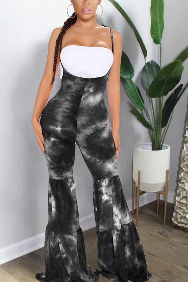 Black street Print Tie-dyed Sleeveless Slip Jumpsuits
