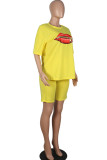 Red Fashion Casual adult Ma'am Print Two Piece Suits Lips Print Straight Short Sleeve Two Pieces