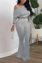 Grey Sexy Gradual Change Patchwork One Shoulder Half Sleeve Two Pieces