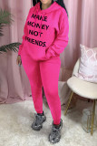 rose red Casual England Letter Print Solid Straight Long Sleeve Two Pieces