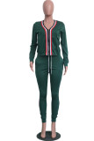 Black Green Drawstring Mid Solid Patchwork pencil Pants Two-piece suit