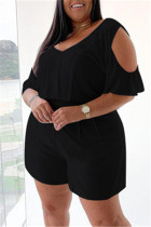 Black Fashion Casual Solid Basic V Neck Plus Size Romper