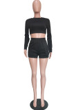 Black Fashion Casual Solid Backless Strap Design O Neck Long Sleeve Two Pieces