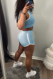 Light Blue Casual Solid Patchwork V Neck Sleeveless Two Pieces