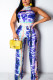 Blue Fashion Sexy Print Tie-dyed Backless Sleeveless O Neck Jumpsuits
