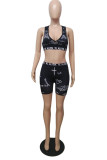 Black Fashion Casual Print Basic V Neck Sleeveless Two Pieces