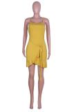 Yellow Sexy adult Fashion Street Spaghetti Strap Sleeveless Slip Asymmetrical split ruffle Solid