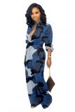 Blue Fashion Casual Button bandage Coloured drawing Camouflage Long Sleeve O Neck 