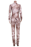 Pink Casual Print Fold O Neck Long Sleeve Two Pieces