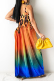 Navy Blue Casual Off The Shoulder Sleeveless Slip Swagger Floor-Length Print Patchwork