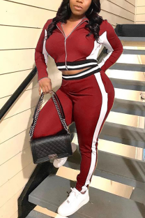 Red Casual Solid Patchwork Turndown Collar Long Sleeve Two Pieces
