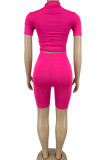 Rose Red Casual Solid Patchwork Half A Turtleneck Short Sleeve Two Pieces
