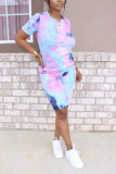 Orange Fashion Sexy adult Patchwork Print Tie Dye Two Piece Suits Straight Short Sleeve Two Pieces