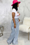 Light Blue Denim Zipper Fly Button Fly High Zippered Pocket Solid Straight Pants 