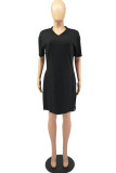 Black Fashion Casual Solid Slit V Neck Short Sleeve Two Pieces