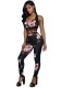 Black Print Mid Waist Elastic Waist Two-piece suit