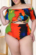 Multicolor Fashion Sexy Print Hot Drilling Backless Off the Shoulder Plus Size Swimwear