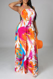 Multicolor Fashion Sexy Print Backless Spaghetti Strap Sleeveless Dress
