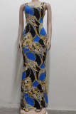 Blue Casual Print Patchwork Spaghetti Strap Trumpet Mermaid Dresses