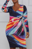 Multicolor Fashion Casual Print Basic O Neck Long Sleeve Dresses