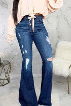 Dark Blue Denim Button Fly Sleeveless High Animal Prints Solid Hole washing Old Boot Cut Pants Bottoms