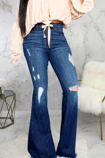 Dark Blue Denim Button Fly Sleeveless High Animal Prints Solid Hole washing Old Boot Cut Pants Bottoms