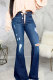 Dark Blue Denim Button Fly Sleeveless High Animal Prints Solid Hole washing Old Boot Cut Pants Bottoms