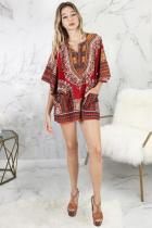 Red and yellow Fashion adult Sexy Bat sleeve Half Sleeves O neck Swagger Mini Patchwork Print