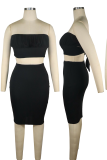 Black Sexy Solid Patchwork Strapless Sleeveless Two Pieces
