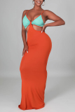 Brown Sexy Solid Hollowed Out Spaghetti Strap Pencil Skirt Dresses