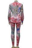Pink Fashion British Style Adult Print Patchwork Turndown Collar Long Sleeve Regular Sleeve Regular Two Pieces