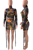 Black Sexy Print Mesh Turtleneck Pencil Skirt Dresses