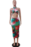 Red Sexy Print Hollowed Out Halter Sleeveless Two Pieces