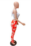 Red Fashion Sexy Print Hollowed Out Backless Strapless Sleeveless Two Pieces