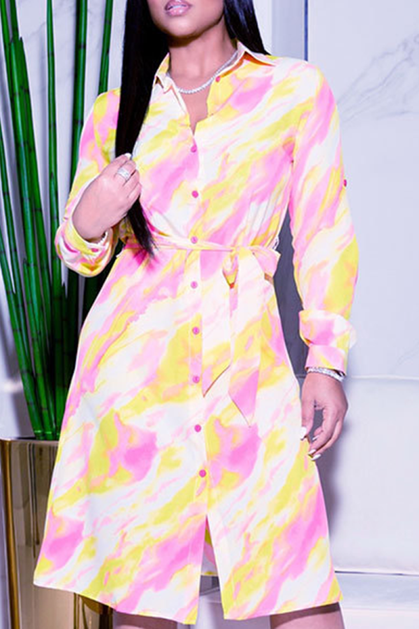 Red Casual Print Patchwork Turndown Collar Shirt Dress Dresses