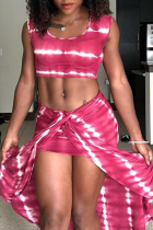Pink Sexy Print Patchwork O Neck Sleeveless Three Pieces