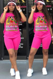 Fluorescent green Fashion Casual adult Letter Patchwork Print Two Piece Suits Straight Short Sleeve Two Pieces