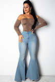 Blue Denim Button Fly Zipper Fly High Zippered Solid washing Pocket Boot Cut Pants Pants