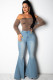 Blue Denim Button Fly Zipper Fly High Zippered Solid washing Pocket Boot Cut Pants Pants