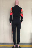 Black Sportswear Twilled Satin Patchwork Print Patchwork Turndown Collar Long Sleeve Regular Sleeve Regular Two Pieces