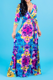 Pink Sexy Print Patchwork V Neck Waist Skirt Dresses