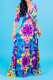 Blue Sexy Print Patchwork V Neck Waist Skirt Dresses