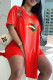 Red Fashion Casual Letter Lips Printed Slit V Neck Short Sleeve Two Pieces