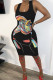 Black Europe and America Street White Spaghetti Strap Sleeveless O neck Pencil Dress Knee-Length Print Dresses