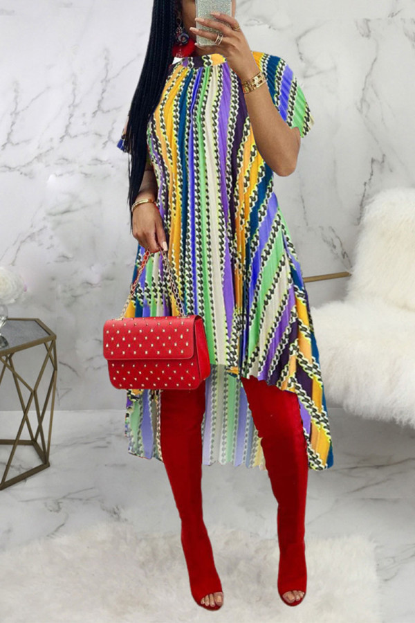 Yellow Sexy Striped Patchwork O Neck Irregular Dress Dresses
