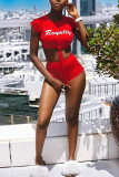 Red Casual Letter Print Solid Bandage Straight Short Sleeve Two Pieces