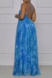 Blue Sexy Casual Print Backless V Neck Sling Dress