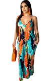 Navy Blue Casual Off The Shoulder Sleeveless Slip Swagger Floor-Length Print Patchwork
