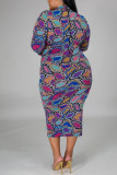 Blue Sexy Plaid Print Basic Turtleneck A Line Plus Size 
