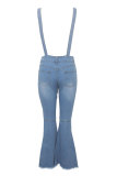 Light Blue Dark Blue Denim Bib pants Sleeveless High Patchwork Solid Hole Boot Cut Pants Bottoms